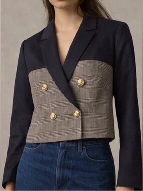 Jason Wu Navy and Brown Plaid Cropped Double-Breasted Blazer
